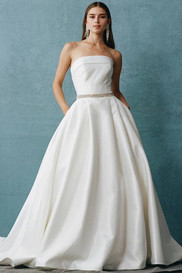 Elegant Strapless A-Line Mikado Wedding Gown with Pockets & Beaded Belt
