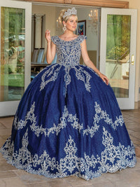 Navy Beaded Sparkle Tulle Sweet 16 Quinceanera Ball Gown Dress