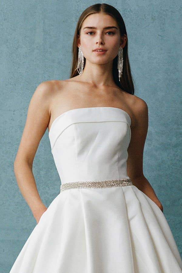 Elegant Strapless A-Line Mikado Wedding Gown with Pockets & Beaded Belt