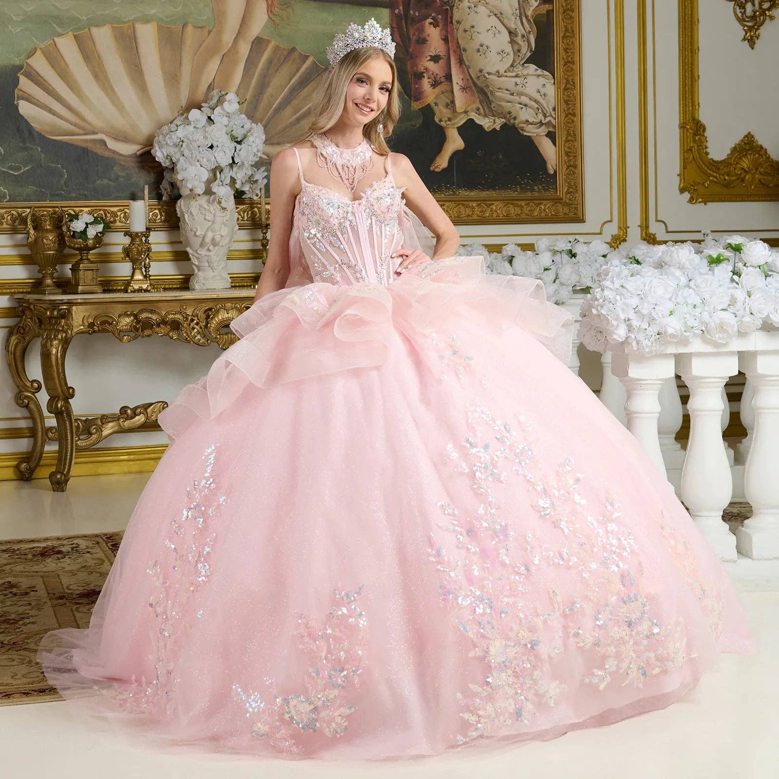 Glamorous Blush Tulle Ball Gown, Ruffled Waist, Beaded Choker & Detachable Cape