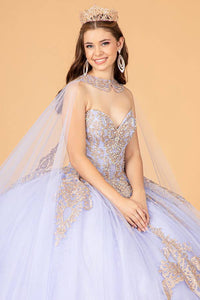 Elegant Glitter Jewel Embellished Quinceanera Ball Gown with Long Mesh Cape