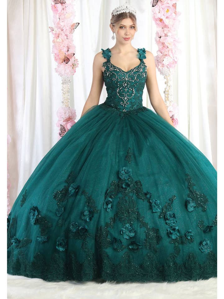 Elegant Sleeveless Corset V-Neck Quinceanera Ball Gown with 3D Floral Applique