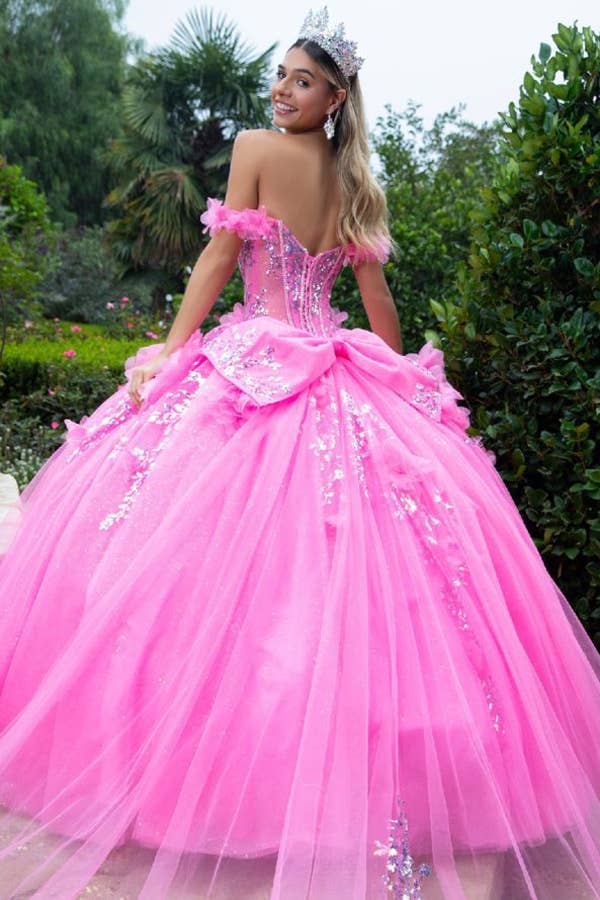 Stunning Off-Shoulder Pink Ball Gown with 3D Floral Appliques & Glitter
