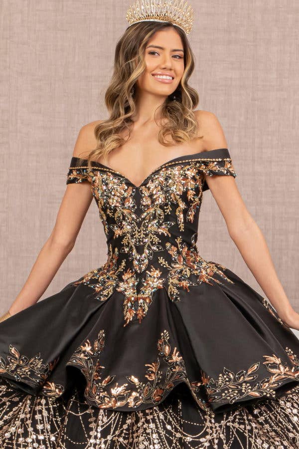 Elegant Off-Shoulder Satin Quinceanera Ball Gown with Dazzling Gold Embroidery