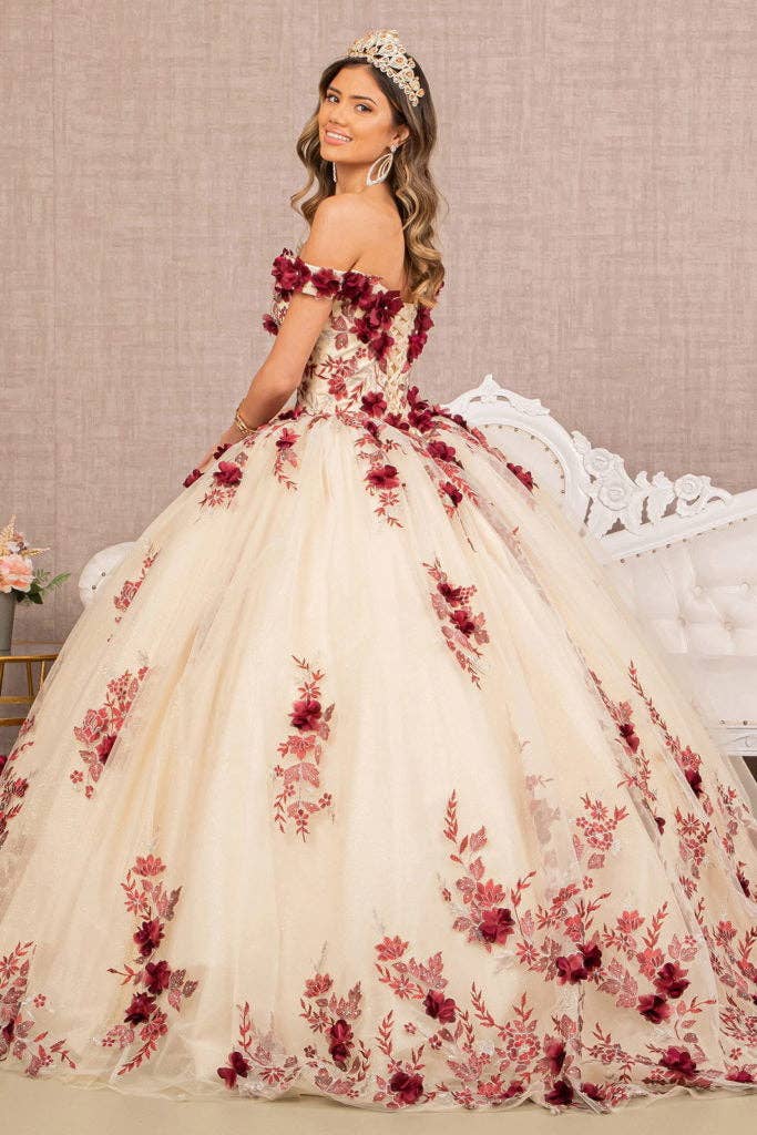 Elegant 3-D Flower Embroidered Off-Shoulder Mesh Quinceanera Ball Gown