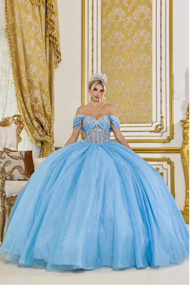 Linda Mariposa Satin Bow Sparkle Dress - Style #5139 - Bahama Blue