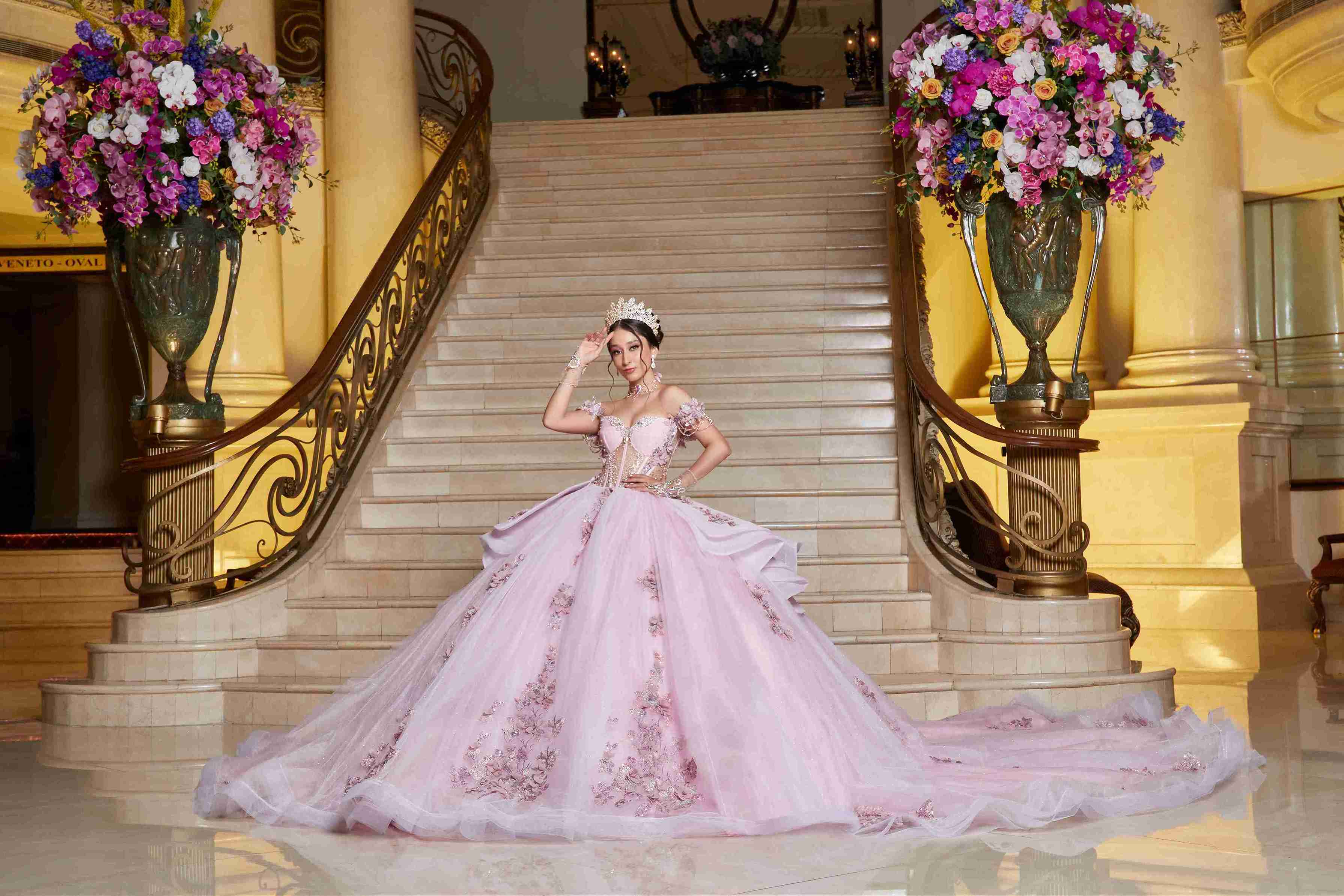 Rosa Bebé Dreamy Mexican Quinceañera Dress with Soft Sparkle & Floral Charm