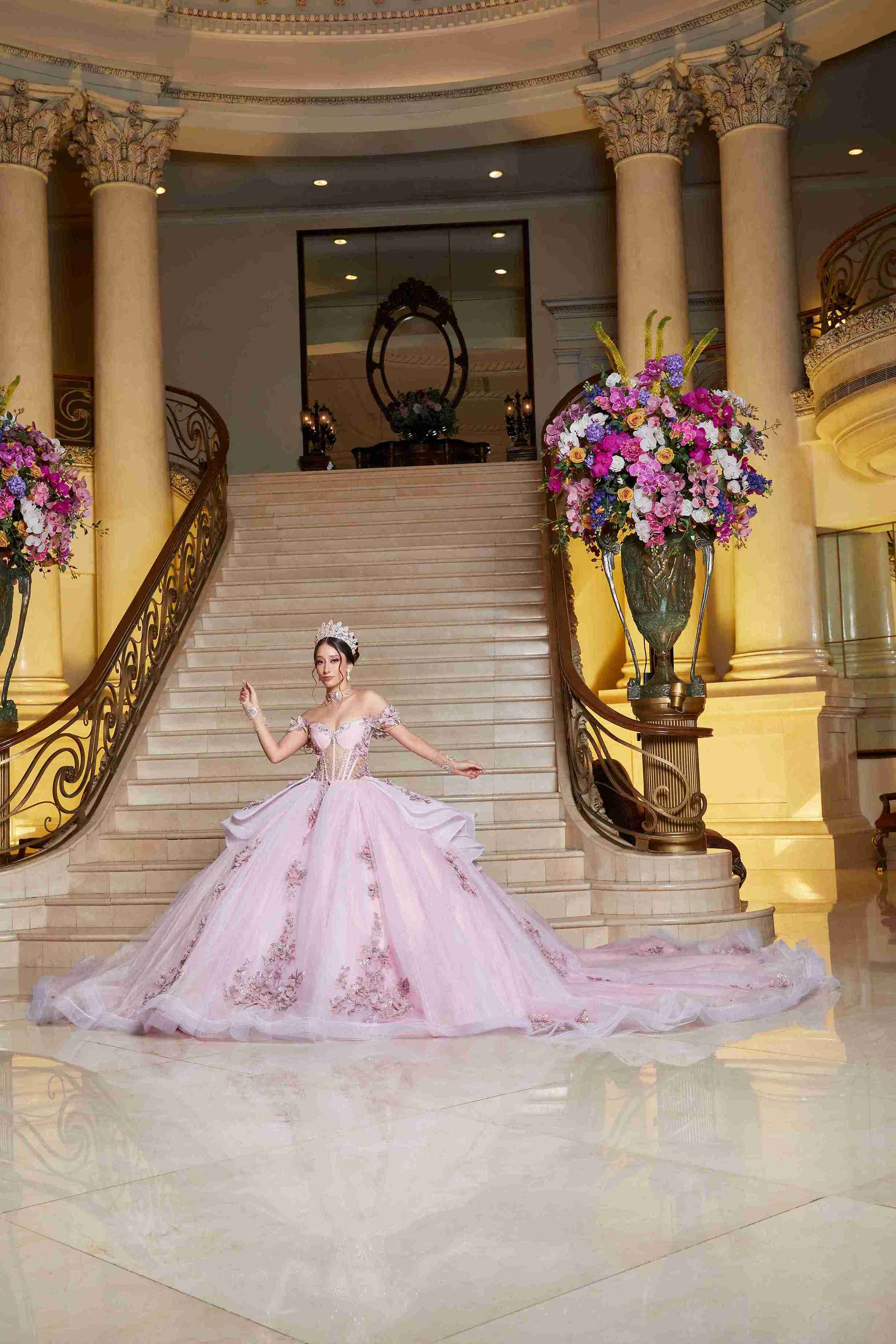 Rosa Bebé Dreamy Mexican Quinceañera Dress with Soft Sparkle & Floral Charm