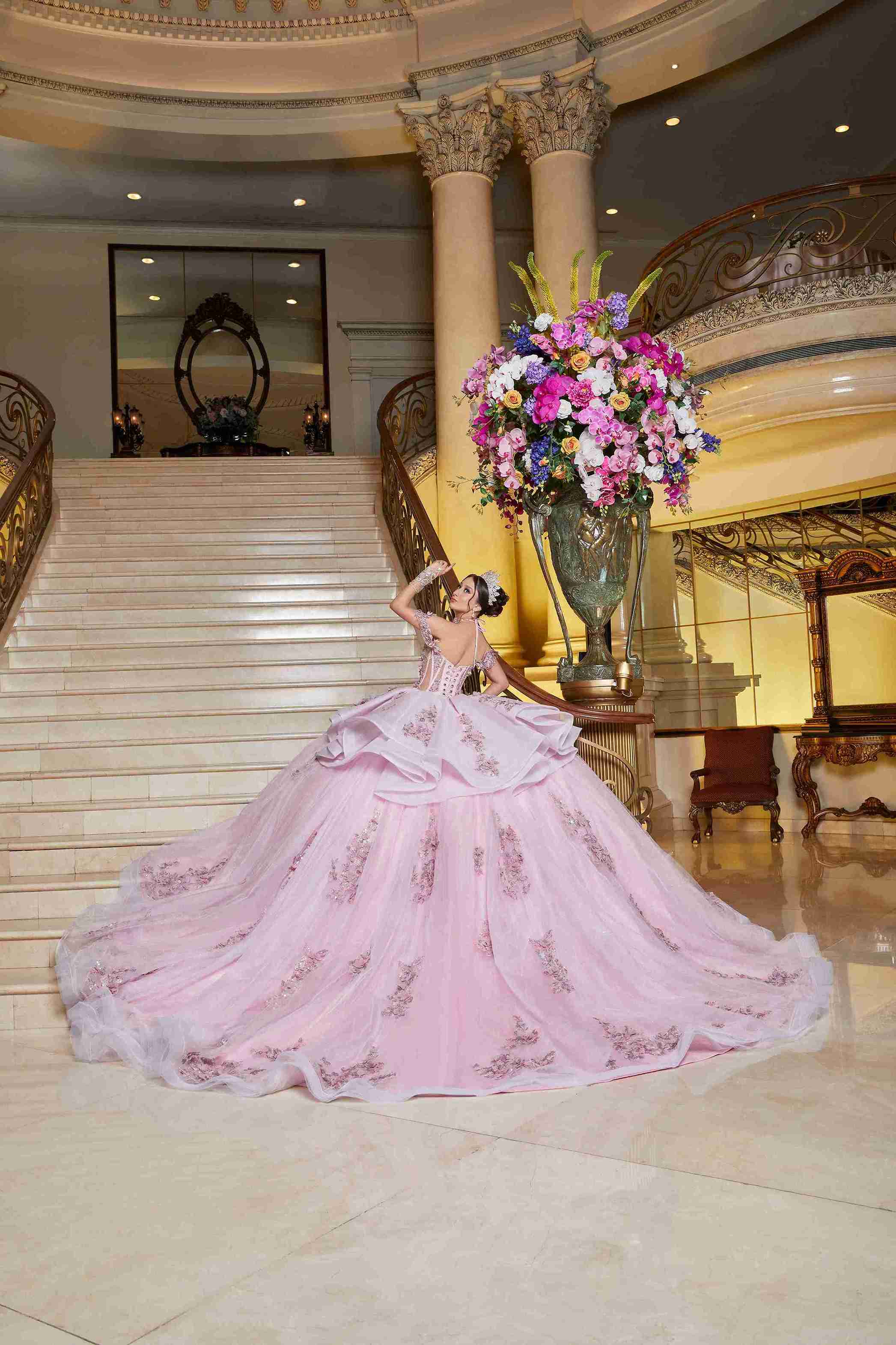 Rosa Bebé Dreamy Mexican Quinceañera Dress with Soft Sparkle & Floral Charm
