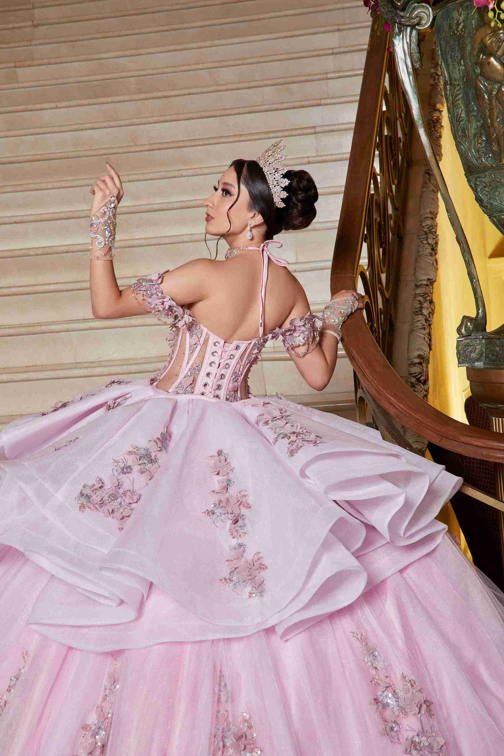 Rosa Bebé Dreamy Mexican Quinceañera Dress with Soft Sparkle & Floral Charm