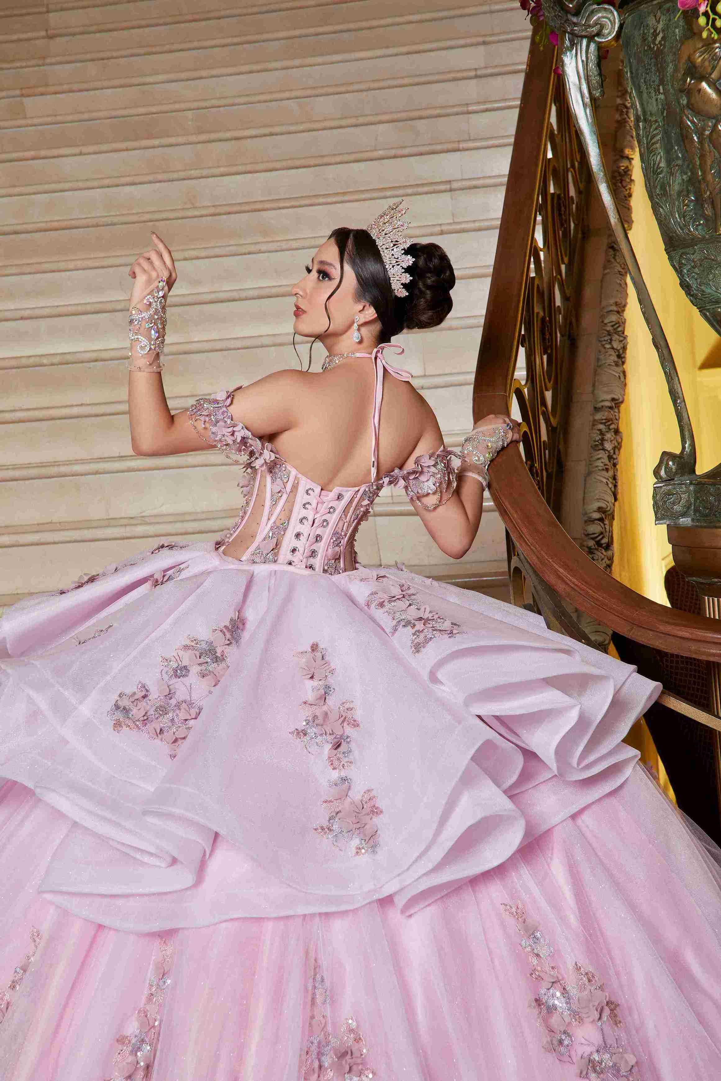 Rosa Bebé Dreamy Mexican Quinceañera Dress with Soft Sparkle & Floral Charm