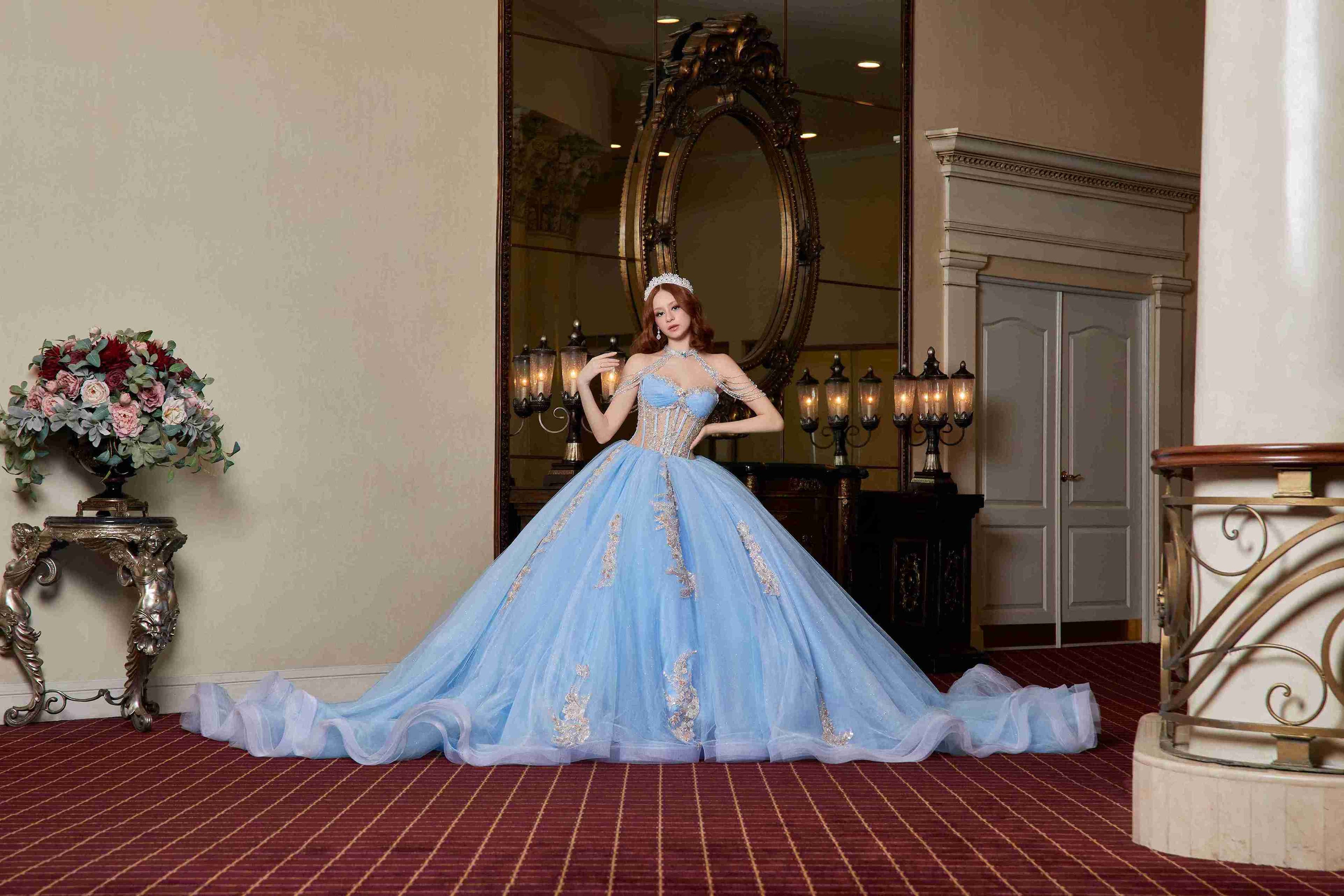 Crystal-Sky Aurora Quinceañera Dress – Baby Blue Glitter Tulle with Couture Corset Elegance