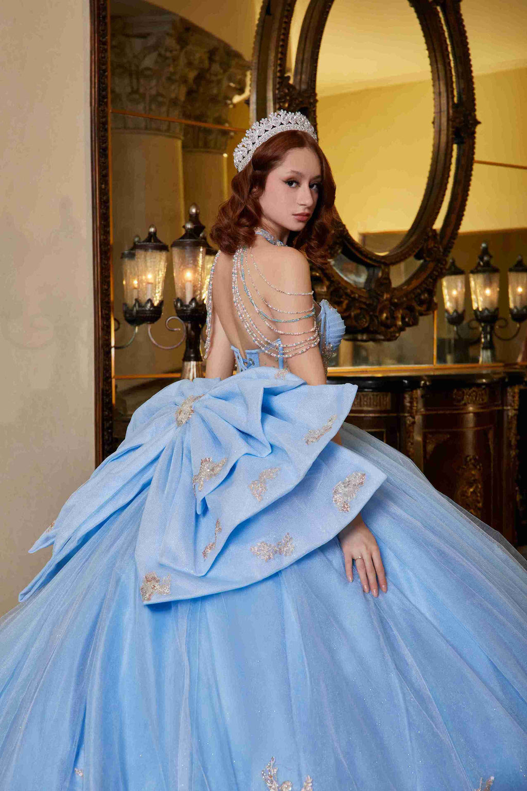 Crystal-Sky Aurora Quinceañera Dress – Baby Blue Glitter Tulle with Couture Corset Elegance