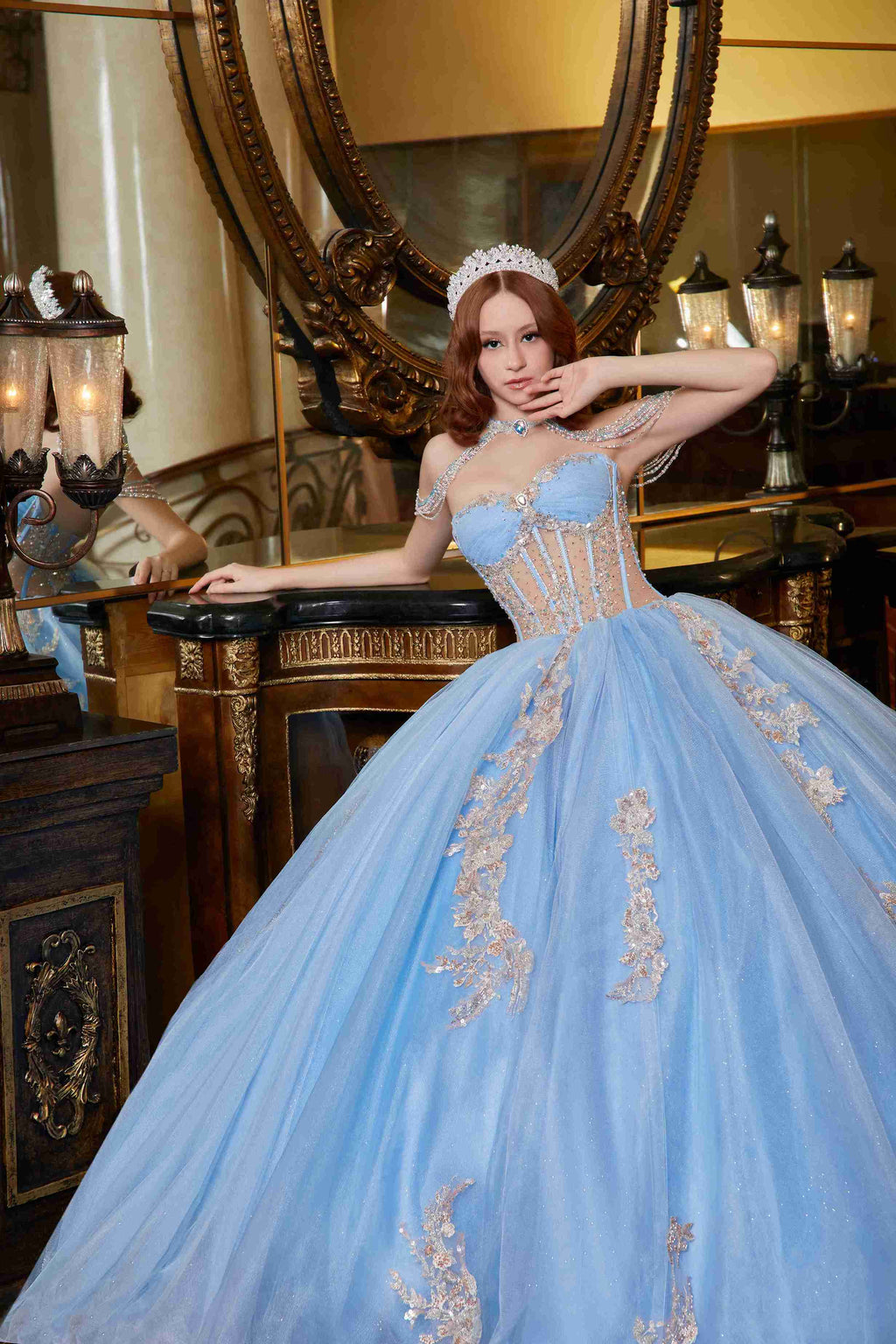 Crystal-Sky Aurora Quinceañera Dress – Baby Blue Glitter Tulle with Couture Corset Elegance