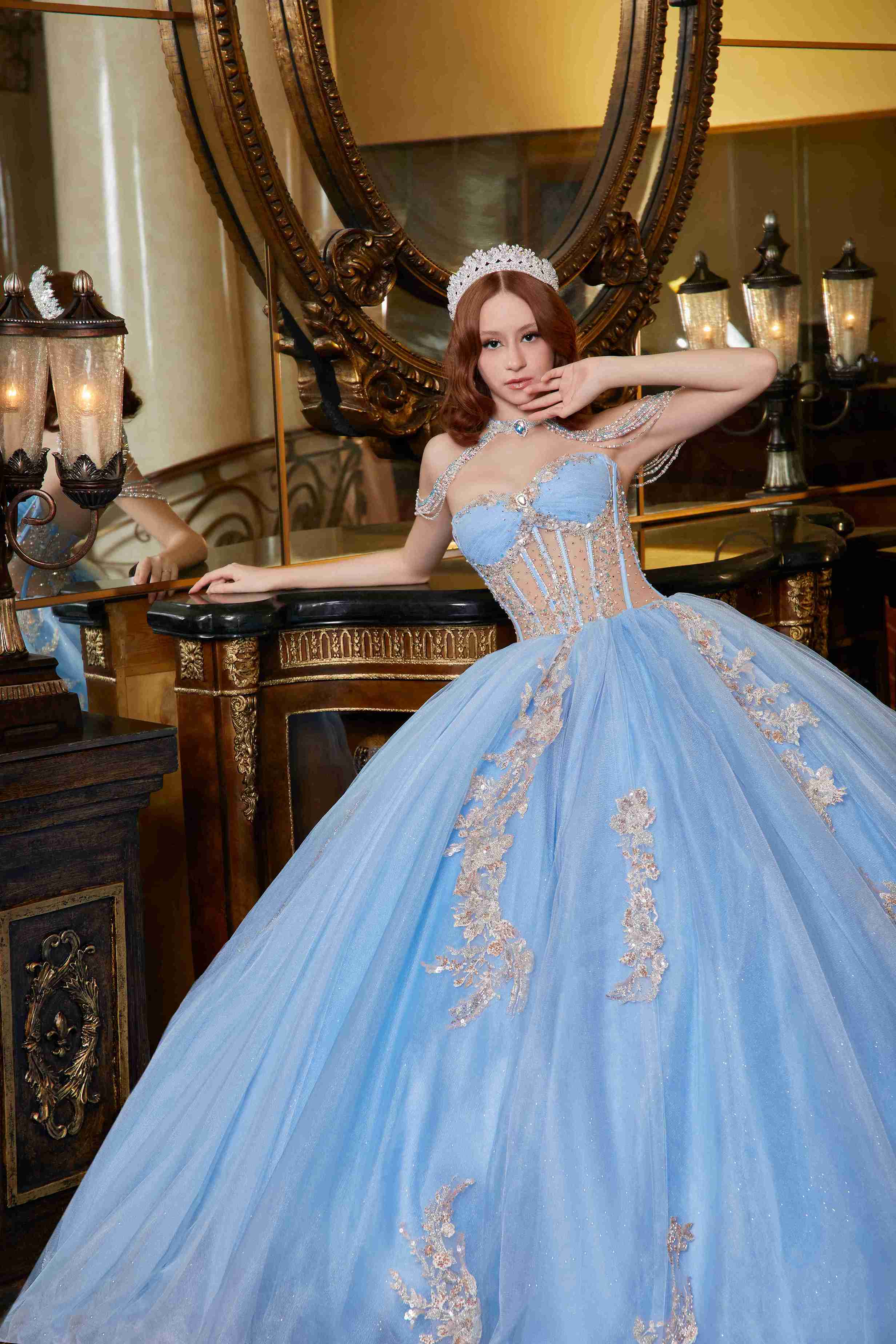 Crystal-Sky Aurora Quinceañera Dress – Baby Blue Glitter Tulle with Couture Corset Elegance