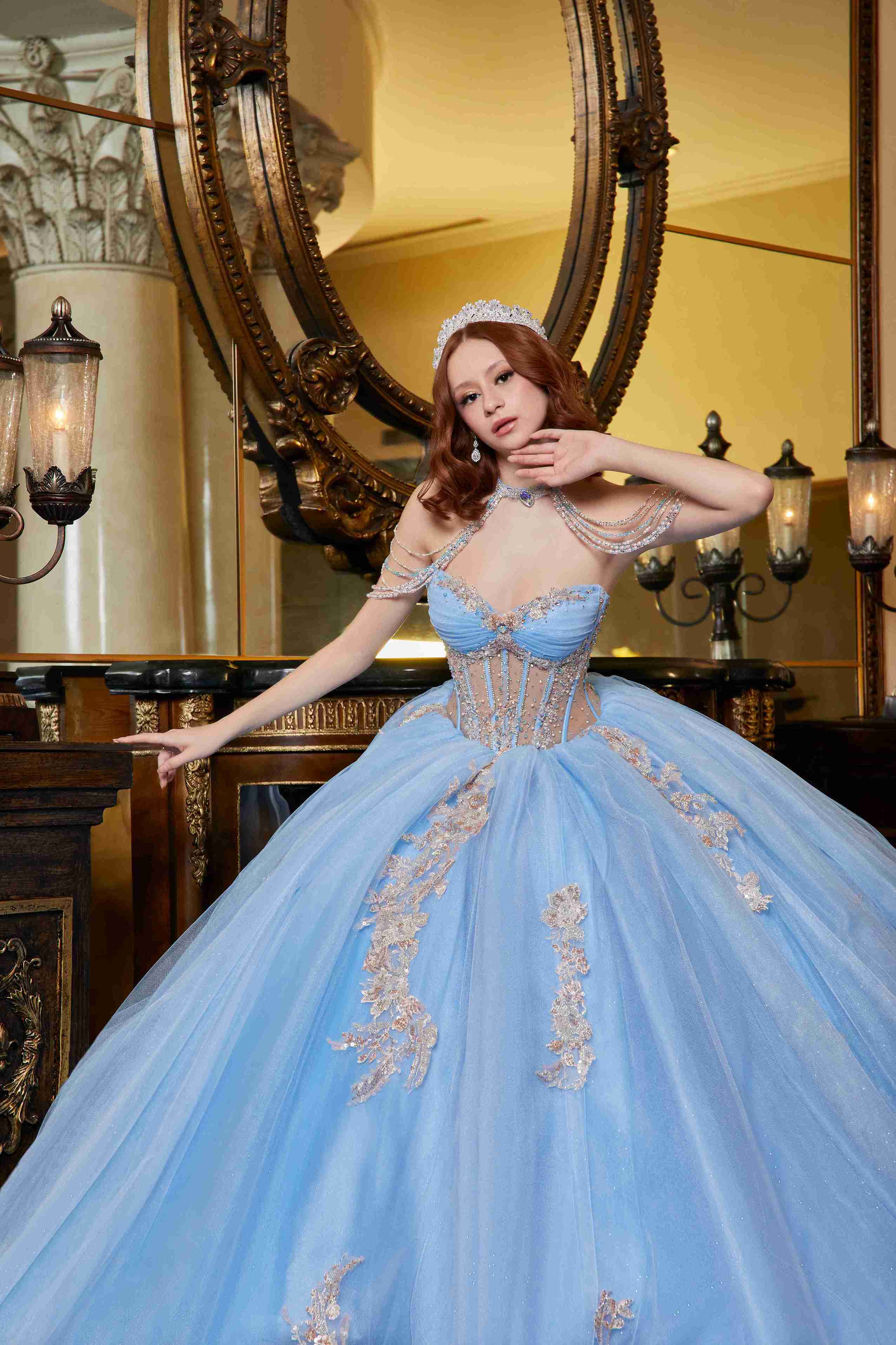 Crystal-Sky Aurora Quinceañera Dress – Baby Blue Glitter Tulle with Couture Corset Elegance