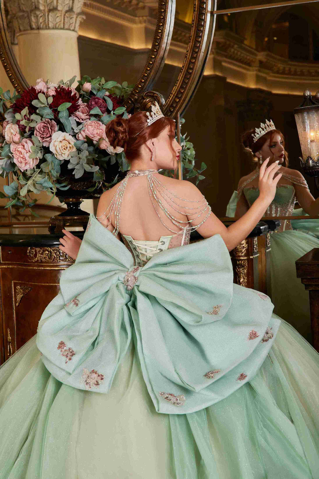 Garden Glow – Sage Green Quinceañera Dress with Floral Appliqués & Glitter