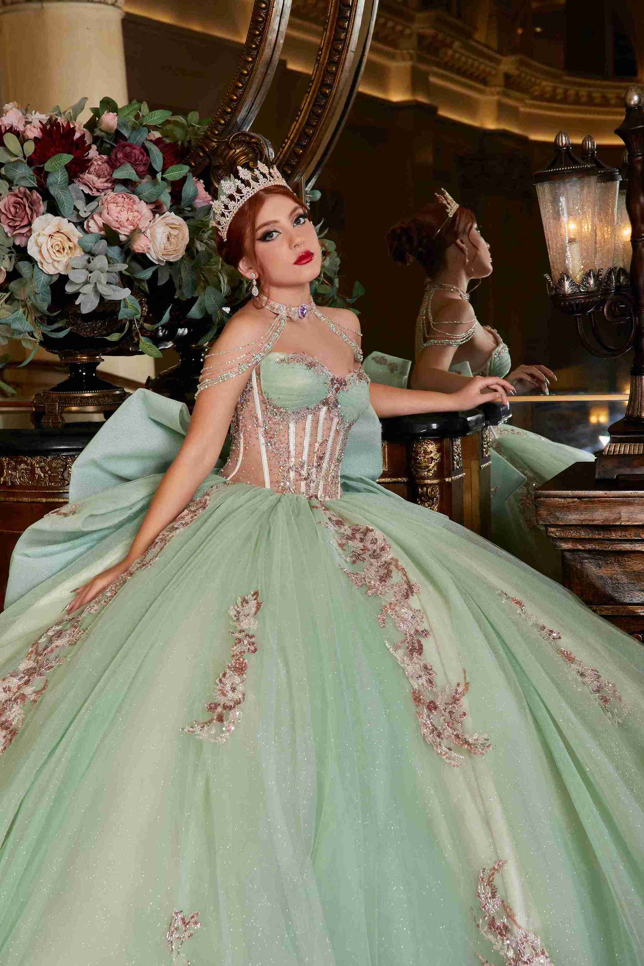 Garden Glow – Sage Green Quinceañera Dress with Floral Appliqués & Glitter