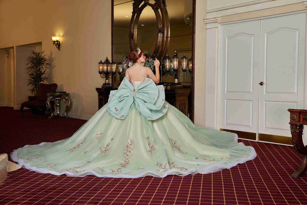 Garden Glow – Sage Green Quinceañera Dress with Floral Appliqués & Glitter