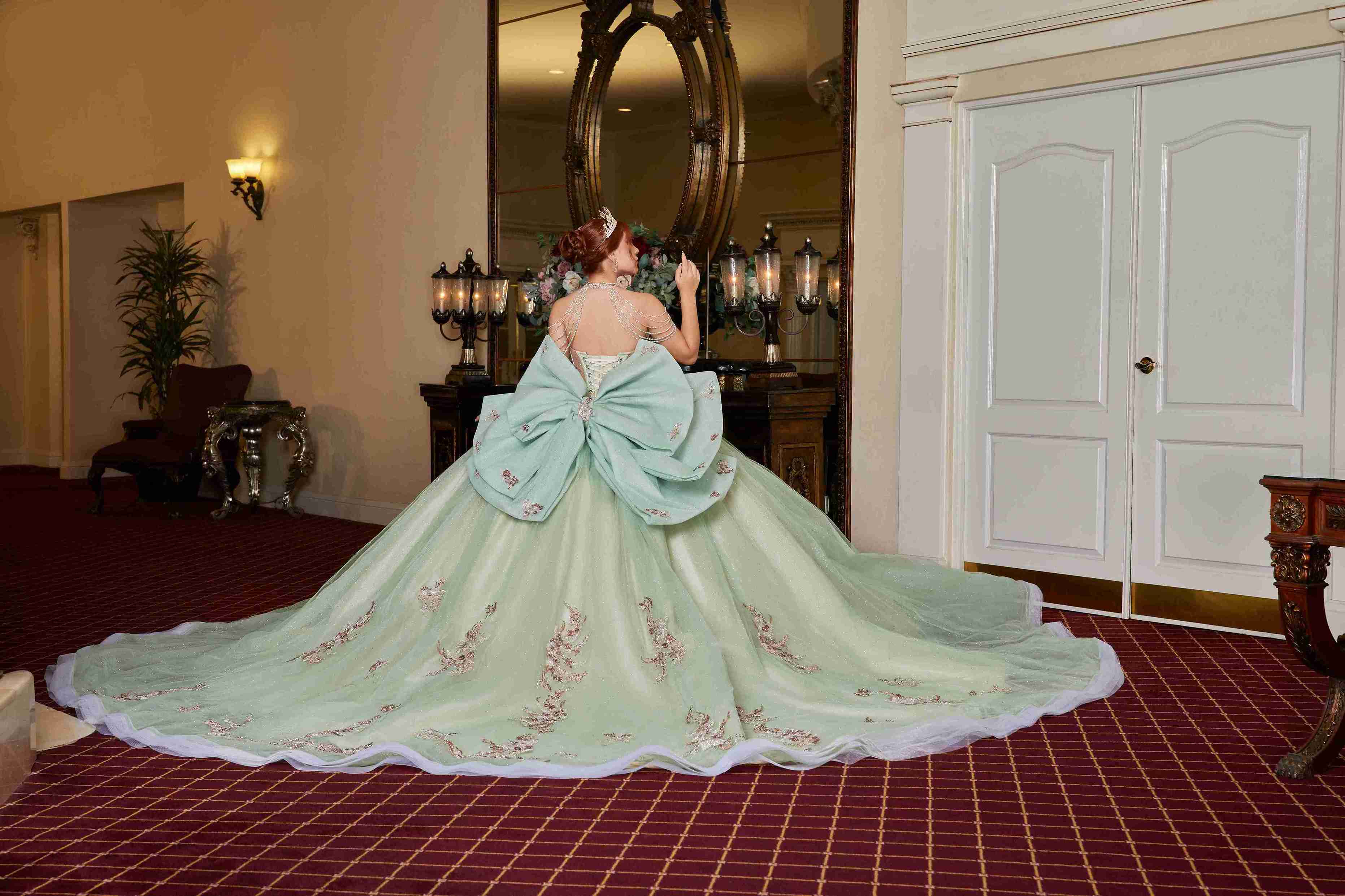 Garden Glow – Sage Green Quinceañera Dress with Floral Appliqués & Glitter