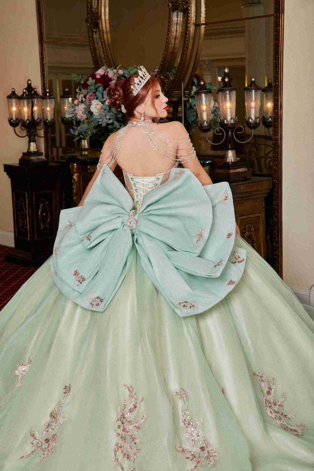 Garden Glow – Sage Green Quinceañera Dress with Floral Appliqués & Glitter