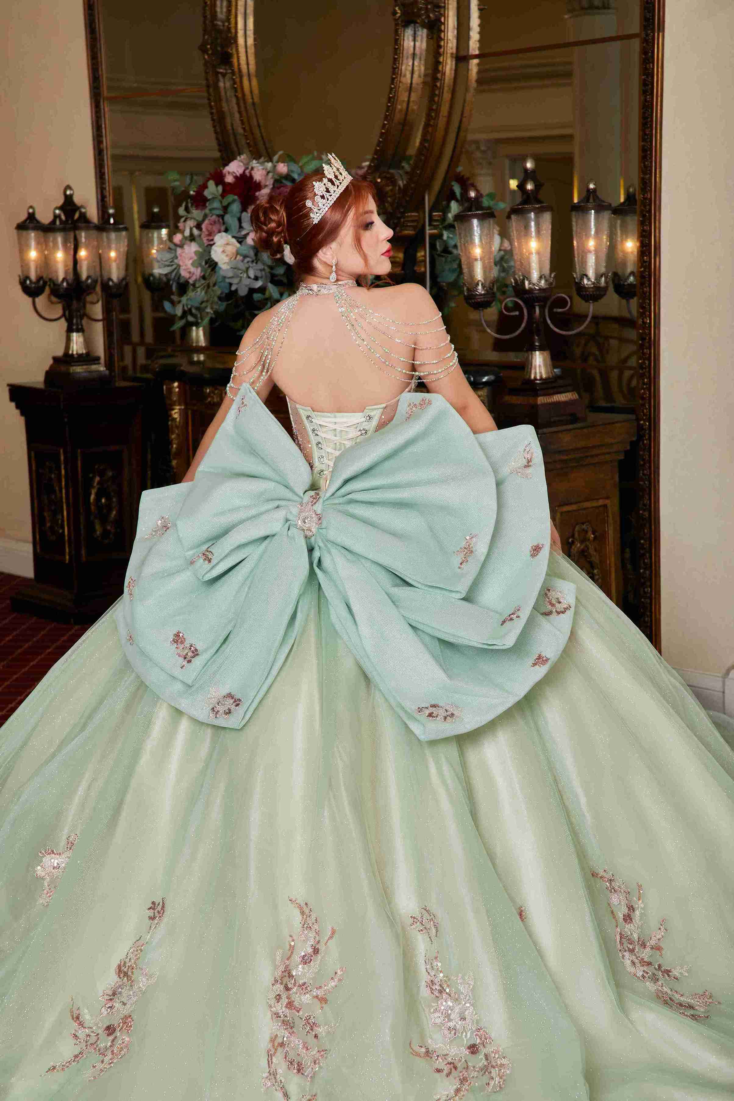 Garden Glow – Sage Green Quinceañera Dress with Floral Appliqués & Glitter