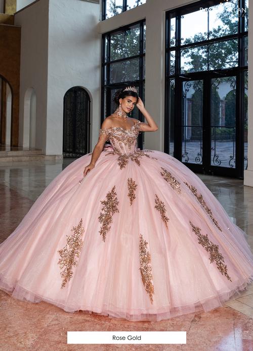 RQ1183 Rose Gold Quinceañera Ball Gown – Beaded Corset, Glitter Tulle Skirt
