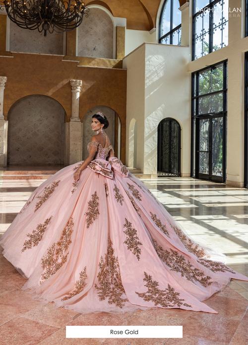 RQ1183 Rose Gold Quinceañera Ball Gown – Beaded Corset, Glitter Tulle Skirt