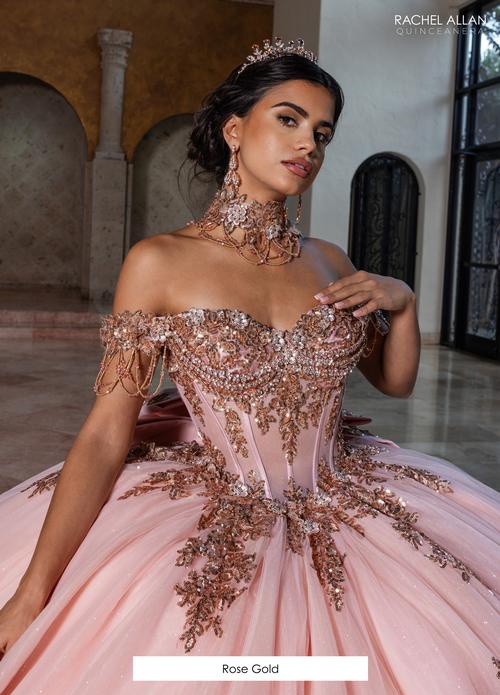 RQ1183 Rose Gold Quinceañera Ball Gown – Beaded Corset, Glitter Tulle Skirt