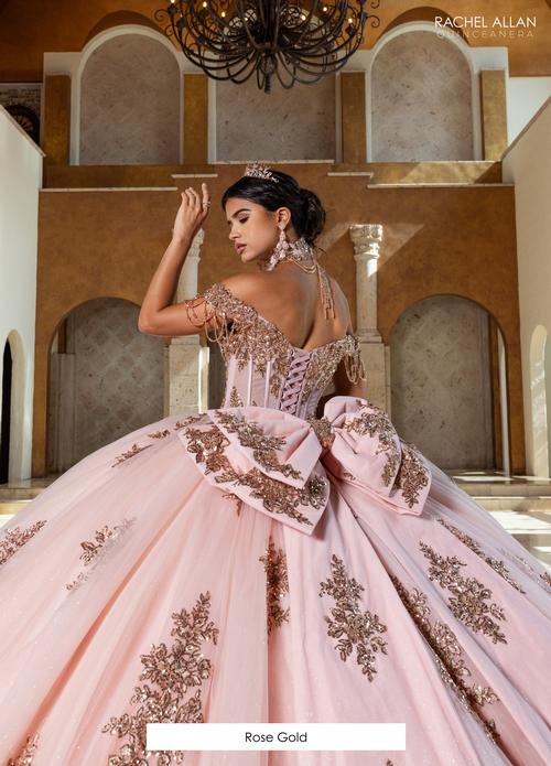 RQ1183 Rose Gold Quinceañera Ball Gown – Beaded Corset, Glitter Tulle Skirt