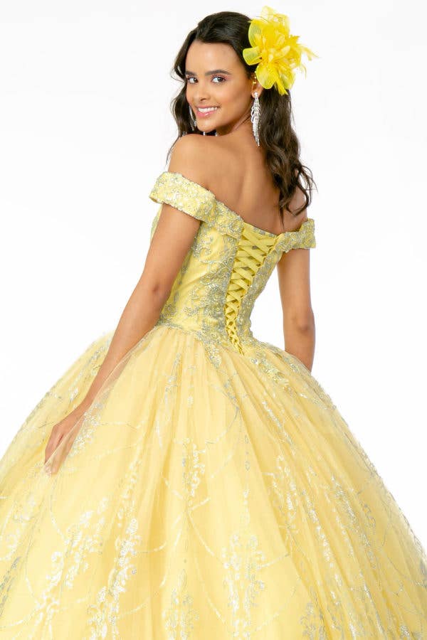 Sparkling Glitter Mesh Quinceanera Gown with Cut-Away Shoulders & Sweetheart Neckline