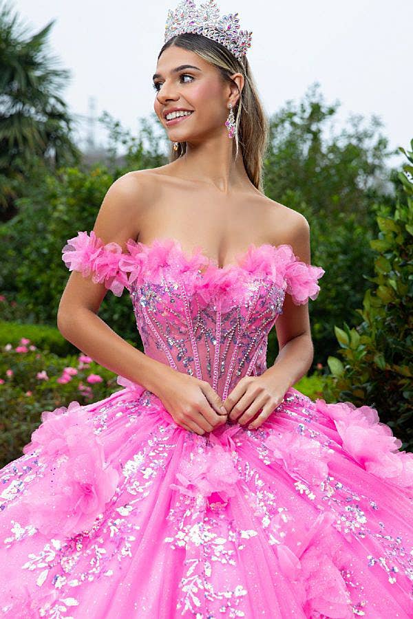 Stunning Off-Shoulder Pink Ball Gown with 3D Floral Appliques & Glitter