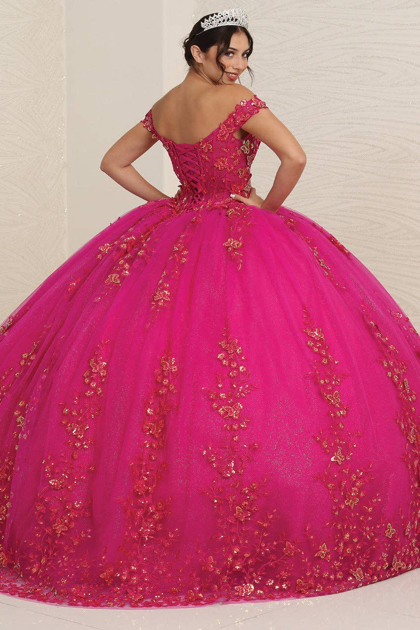 Elegant Off-Shoulder Butterfly Applique Prom Gown with Glitter Tulle Skirt