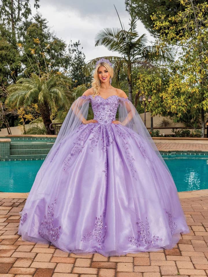 Elegant Lilac Embroidered Off-Shoulder Ball Gown with Flowing Cape Sleeves