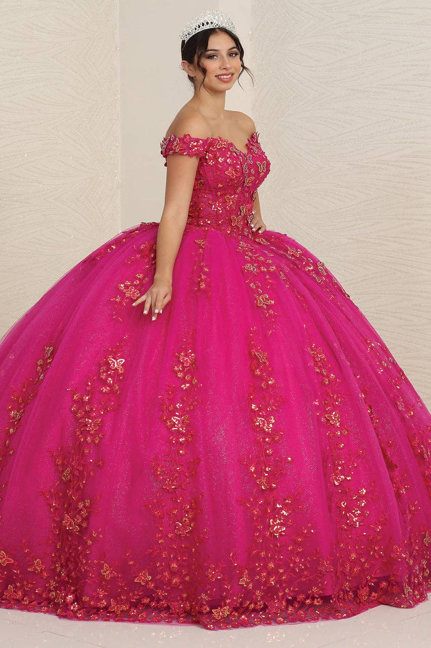 Elegant Off-Shoulder Butterfly Applique Prom Gown with Glitter Tulle Skirt