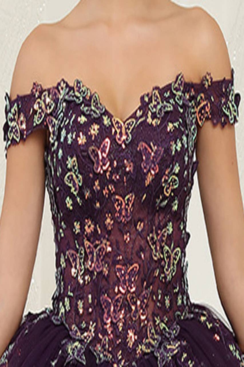 Elegant Off-Shoulder Butterfly Applique Prom Gown with Glitter Tulle Skirt