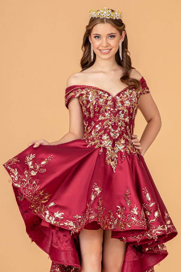 Elegant Off-Shoulder Satin Quinceanera Ball Gown with Dazzling Gold Embroidery