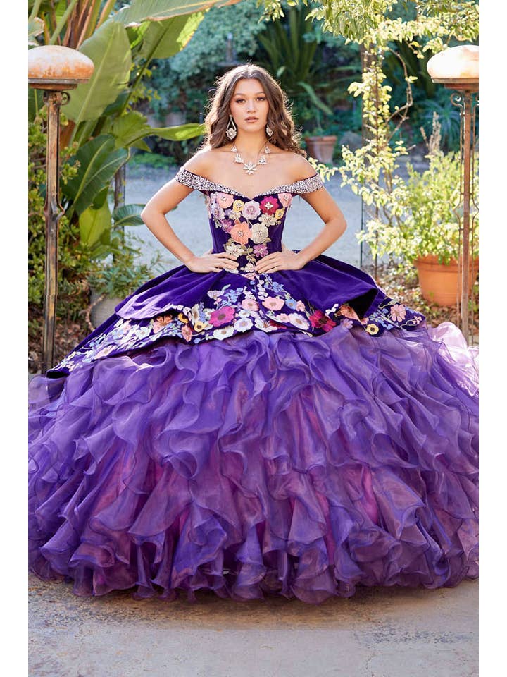Stunning Purple Charro Floral Quinceanera Ball Gown with Iridescent Gemstones