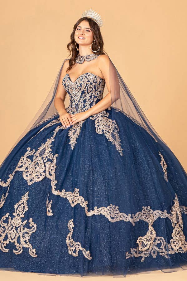 Elegant Glitter Jewel Embellished Quinceanera Ball Gown with Long Mesh Cape