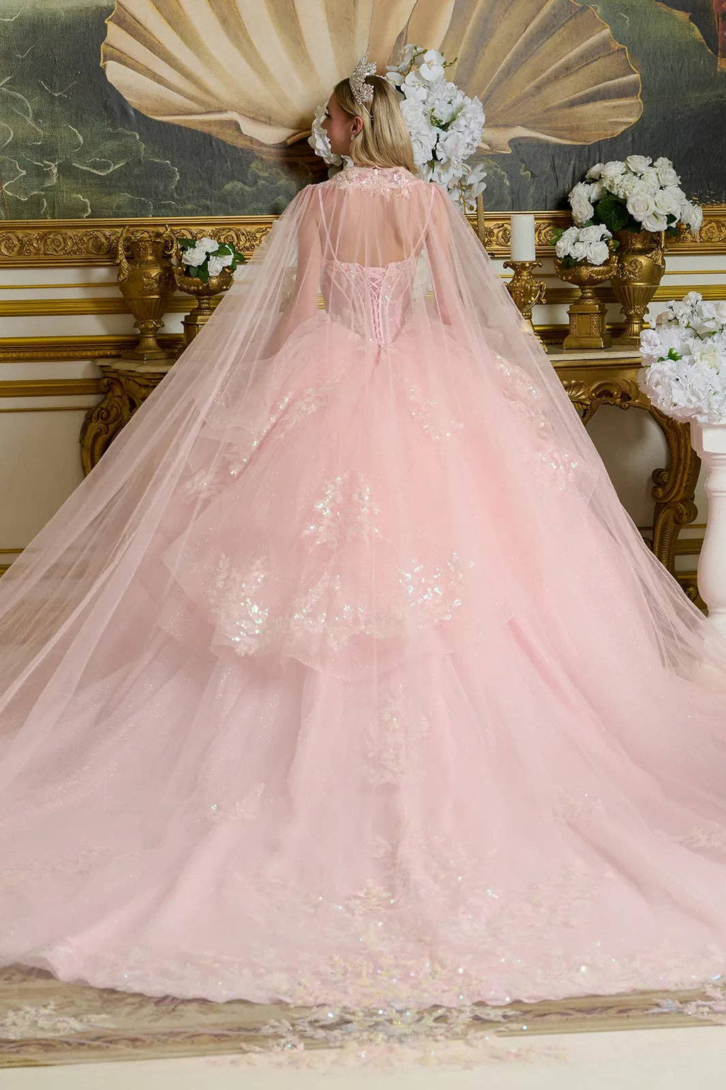 Glamorous Blush Tulle Ball Gown, Ruffled Waist, Beaded Choker & Detachable Cape