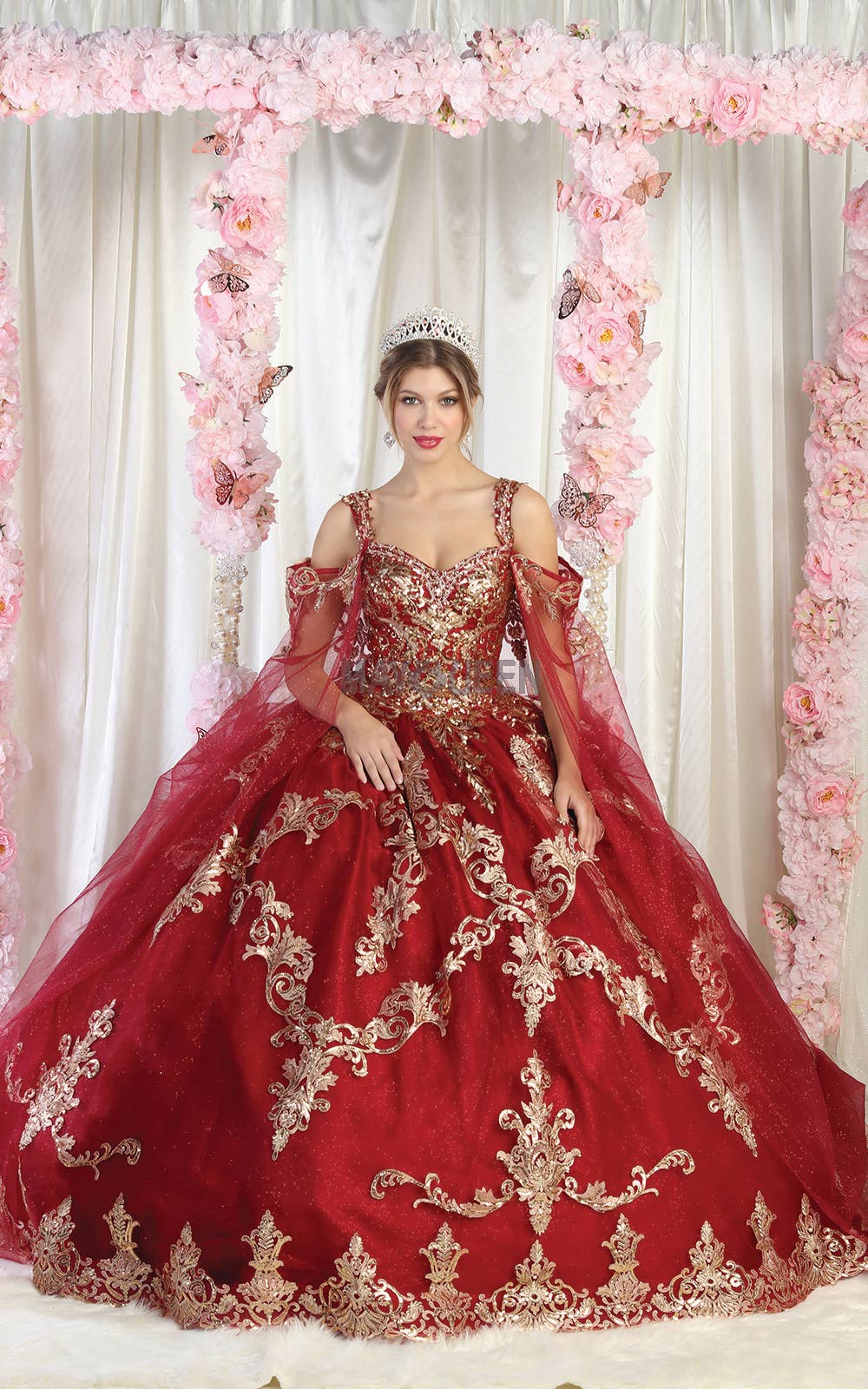 Regal Quinceanera Gown with Detachable Cape, Tulle Fabric, Gold Appliqué, Corset Closure