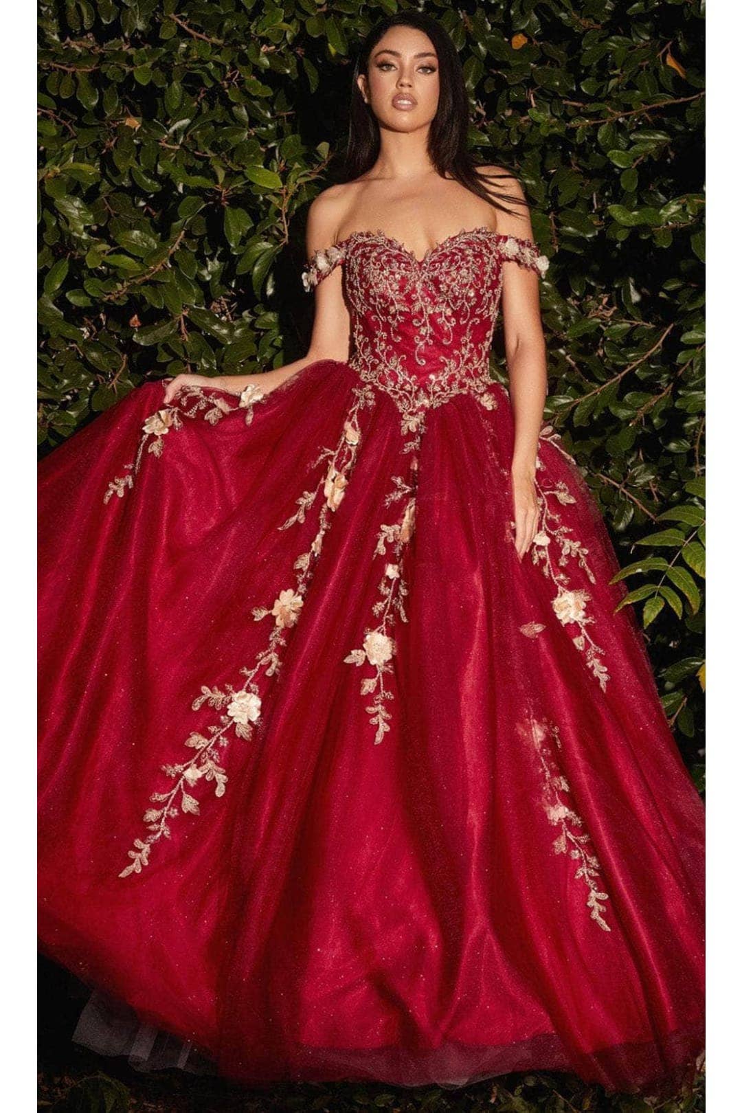 Elegant Off-Shoulder Tulle Ball Gown with Floral Embroidery and Corset Back
