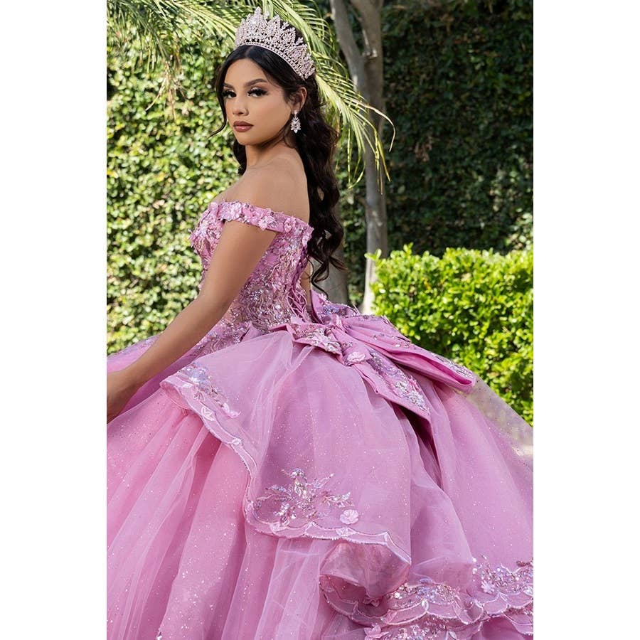 Elegant Off-Shoulder 3D Floral Applique Quinceanera Gown with Lace-Up Back