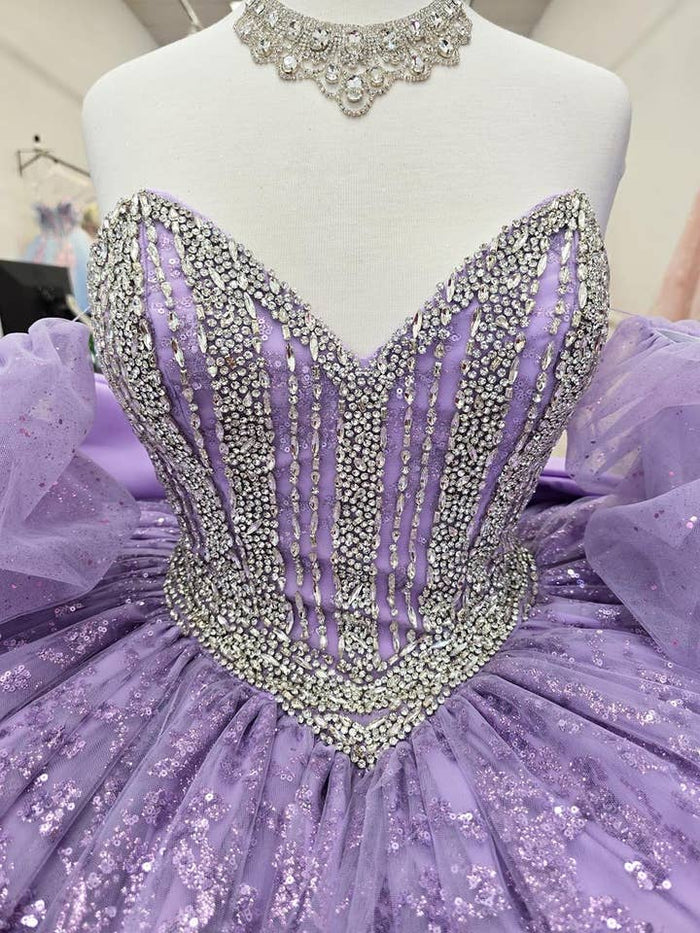 Glamorous Glass Beaded Glitter Tulle Quinceañera Dress with Detachable Sleeves