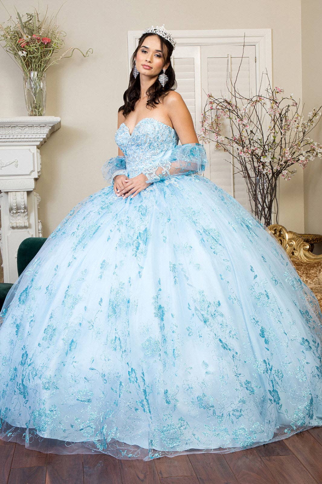 Elegant Sweetheart Quinceanera Ball Gown - Glitter, Detachable Sleeves, Corset Back