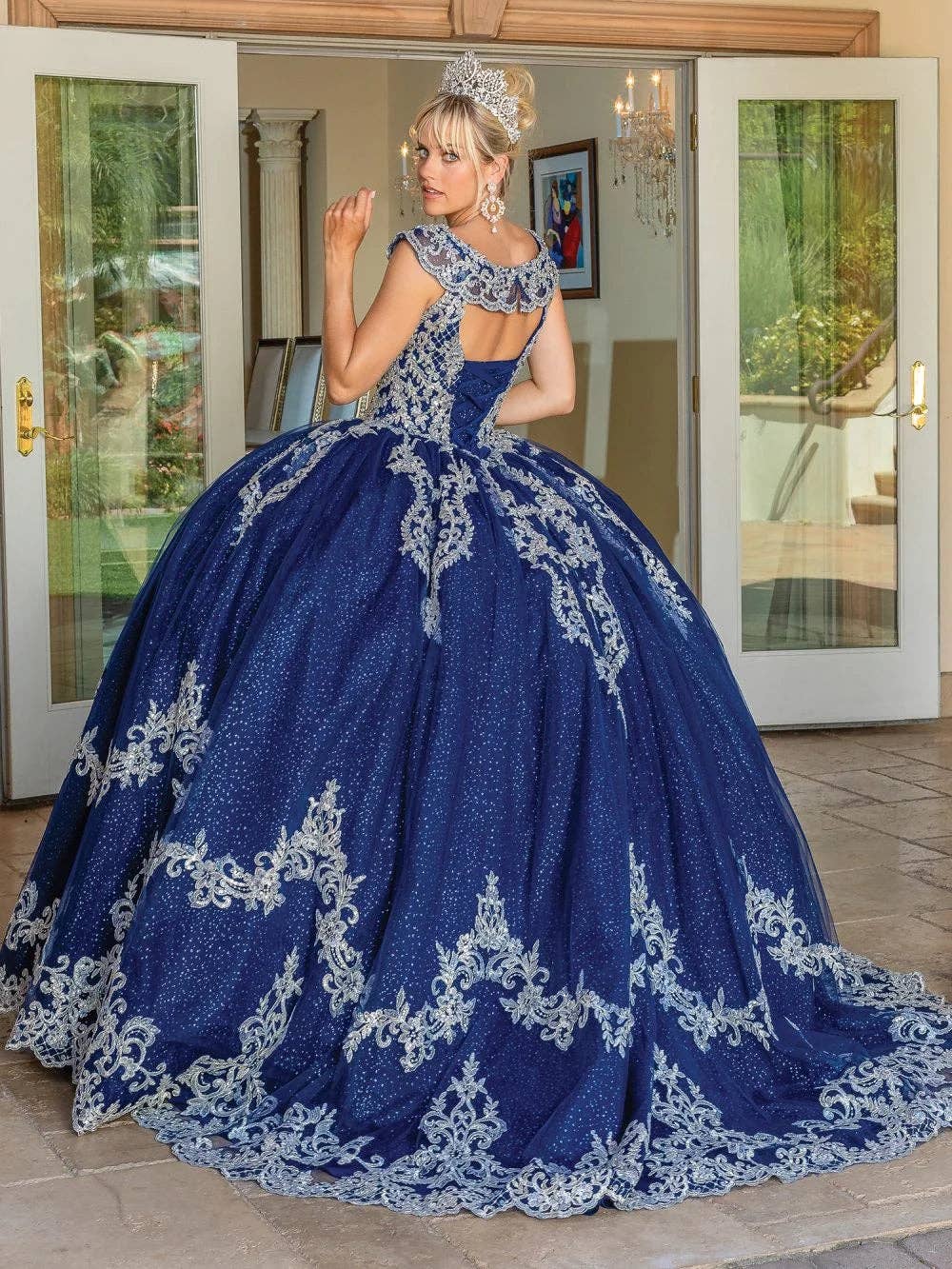 Navy Beaded Sparkle Tulle Sweet 16 Quinceanera Ball Gown Dress