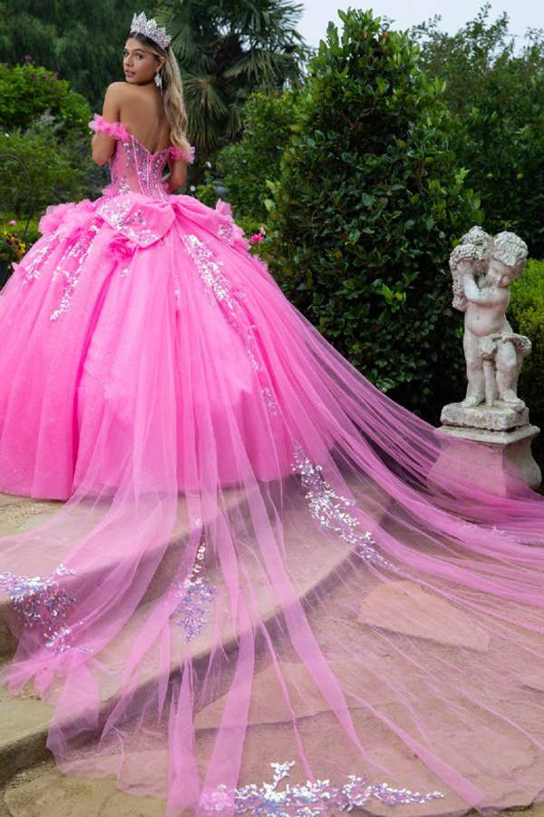 Stunning Off-Shoulder Pink Ball Gown with 3D Floral Appliques & Glitter