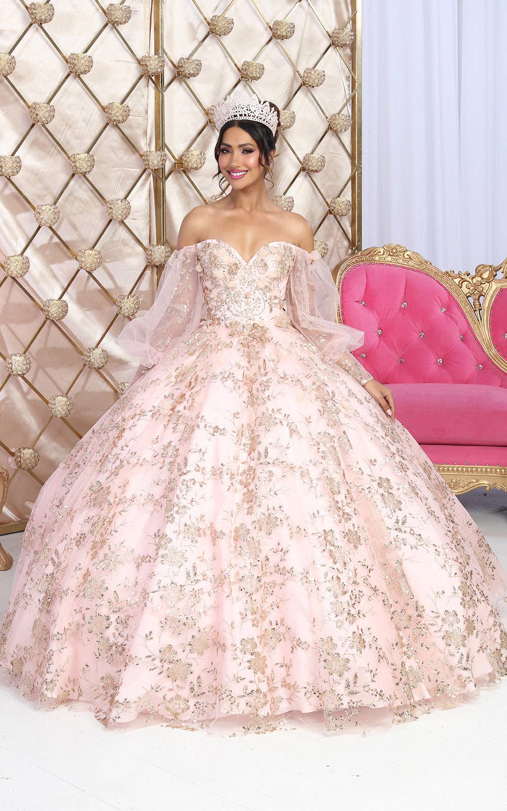 Elegant Off Shoulder Puff Sleeves Quinceanera Ball Gown with Glitter Floral Applique