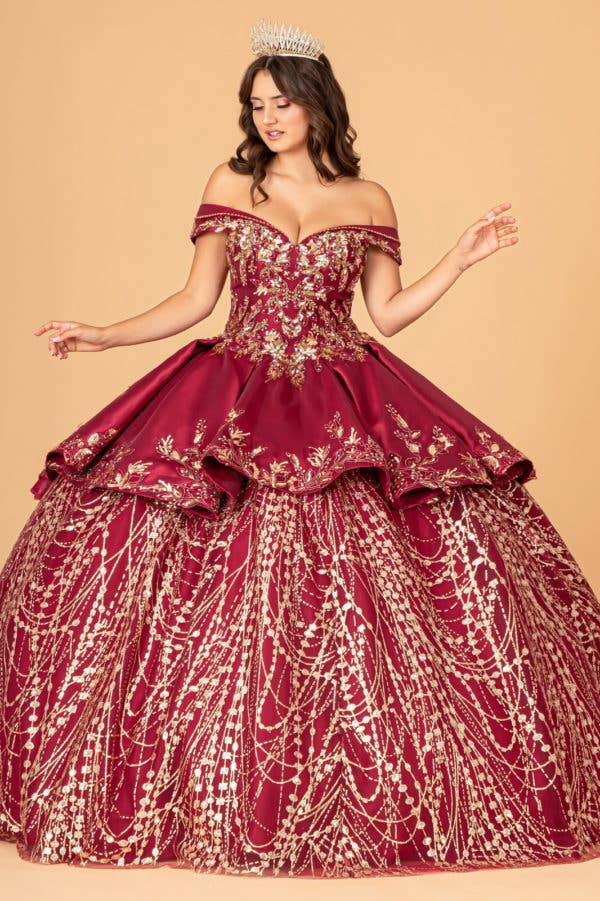 Elegant Off-Shoulder Satin Quinceanera Ball Gown with Dazzling Gold Embroidery
