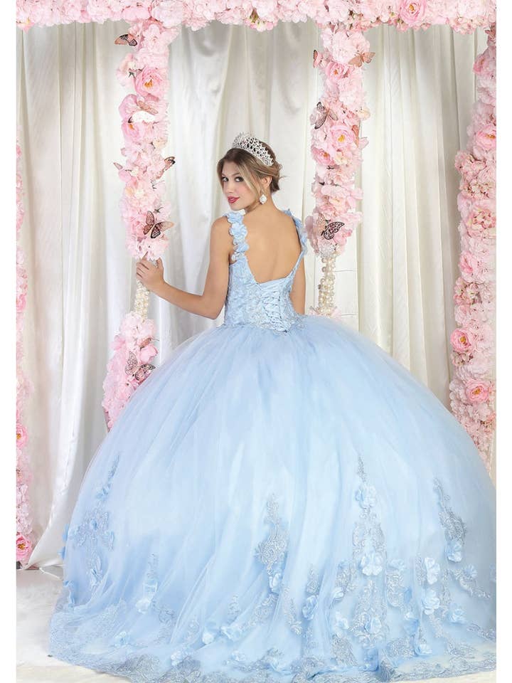 Elegant Sleeveless Corset V-Neck Quinceanera Ball Gown with 3D Floral Applique